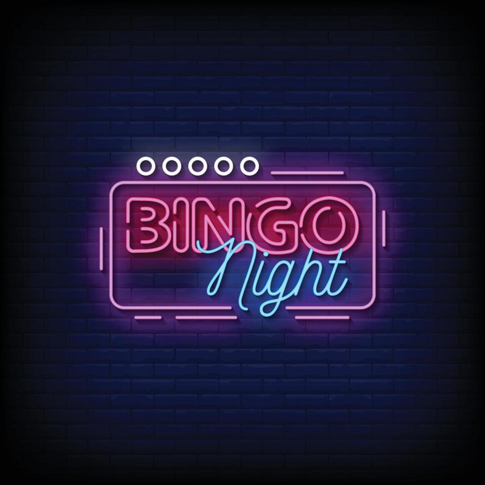 vector de texto de estilo de letreros de neón de noche de bingo