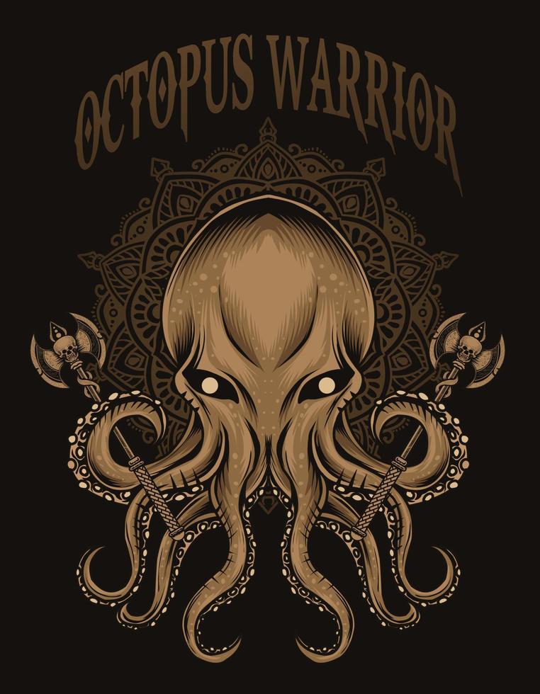 Ilustración de guerreros pulpo con mandala vector