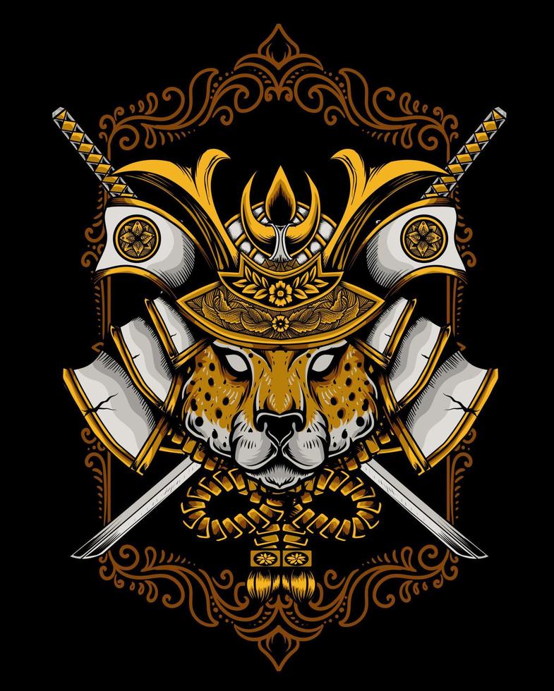 illustration vintage cheetah samurai head vector