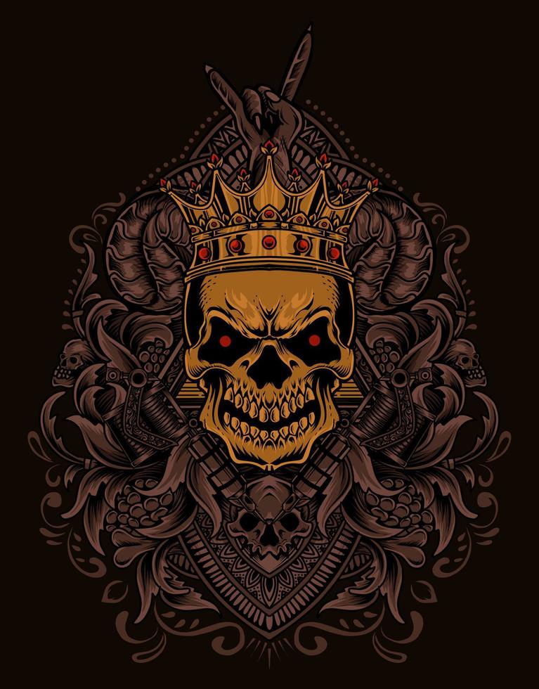 illustration king skull with vintage engraving ornament vector