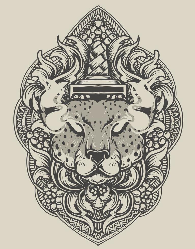 illustration cheetah head with engraving ornament vector