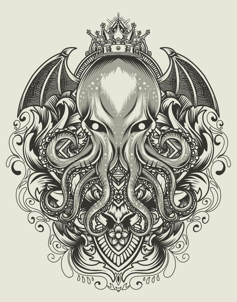 illustration king octopus with vintage engraving ornament vector