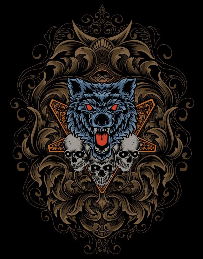 Ilustración de cabeza de lobo y cráneo enojado con adornos antiguos vector