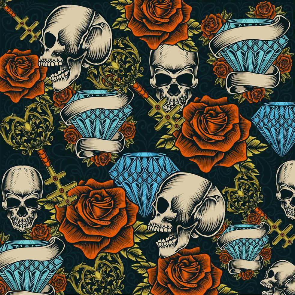 Vintage seamless background with skull diamond rose pattern vector