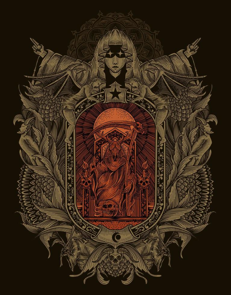 ilustración, rey satanás, en, gótico, grabado, ornamento, estilo vector