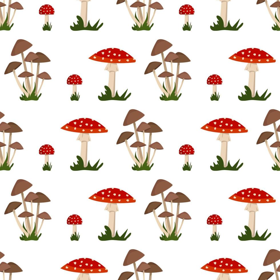 Seamless pattern with amanita mushroom with red hat and white dot, toadstool and grass. Bright fly agaric print vector
