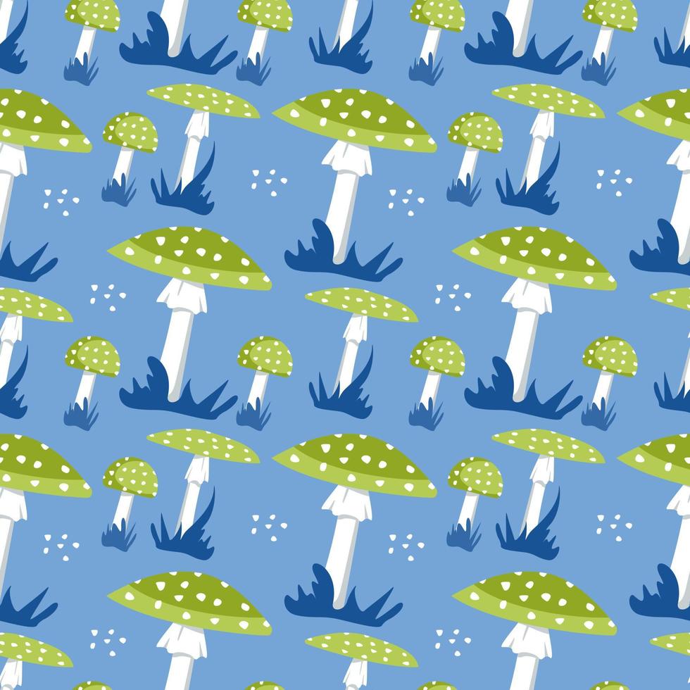 Seamless pattern with amanita mushrooms with bright green hat and white dots and grass on a blue background. Cute fly agaric print vector