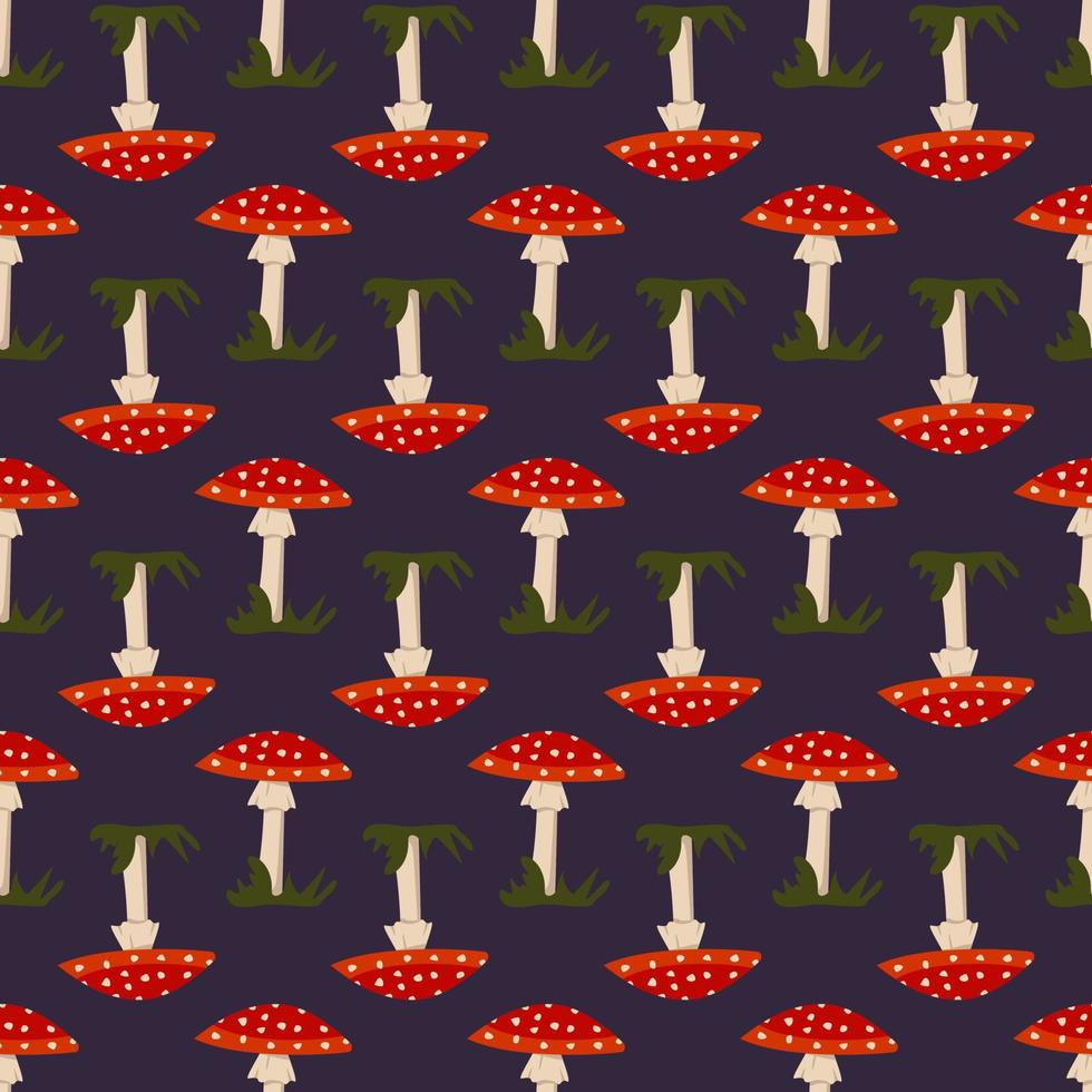 Seamless pattern with amanita mushroom with red hat and white dots and grass on dark background. Bright fly agaric print vector