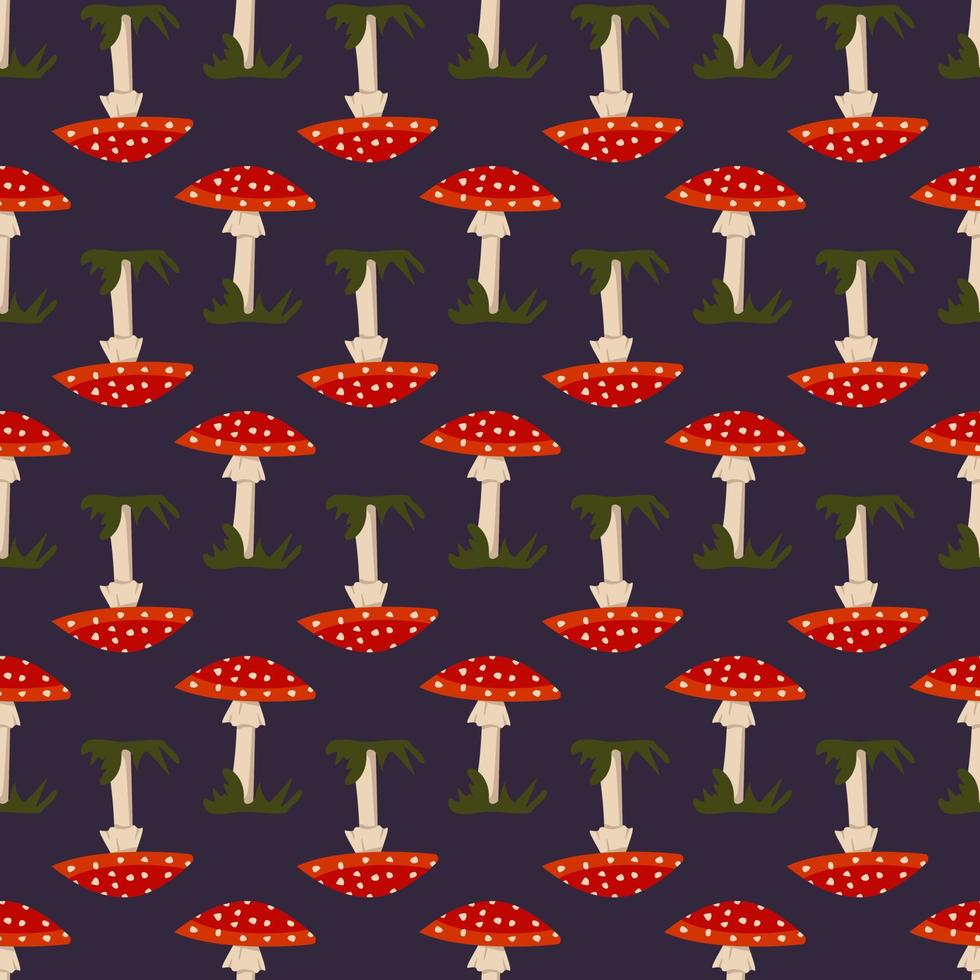 Seamless pattern with amanita mushroom with red hat and white dots and grass on dark background. Bright fly agaric print vector