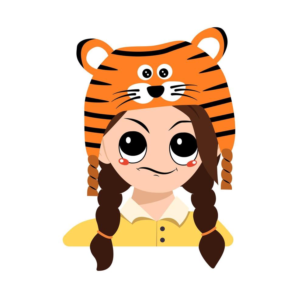 Avatar of girl with emotions of suspicious, displeased face in tiger hat. Cute kid with annoyed expression in carnival costume for New Year, Christmas and holiday. Head of adorable child vector