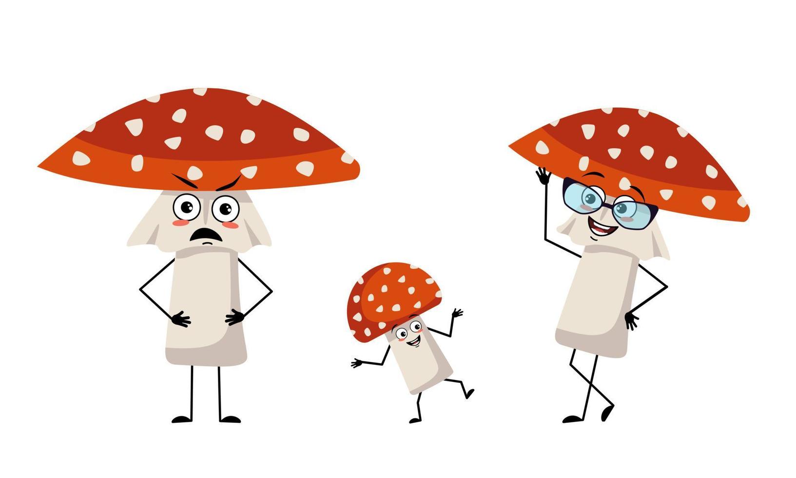 familia de lindo personaje amanita con emociones alegres, cara sonriente, ojos felices, brazos y piernas. mamá es feliz, papá estricto y el niño está bailando. hongo agárico de mosca con un sombrero rojo y puntos blancos vector