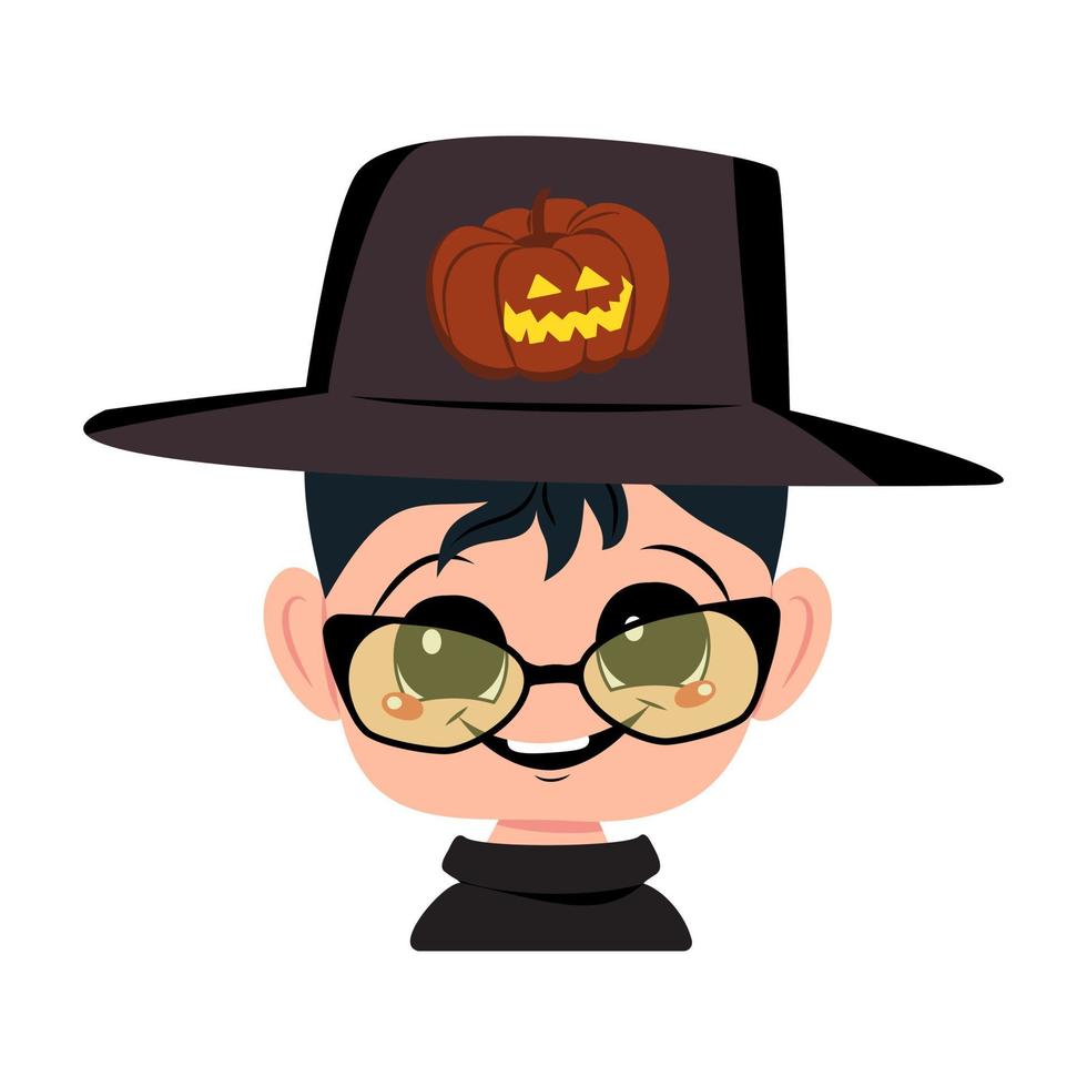 Boy with dark hair, big eyes and a wide happy smile in hat with pumpkin. Head of child with joyful face and glasses. Halloween party decoration vector