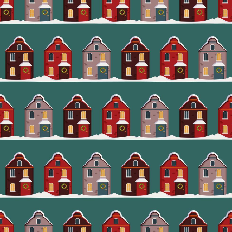 Seamless pattern with festive Christmas houses and snow on green background. Bright print for New Year and winter holidays for wrapping paper, textile and design vector