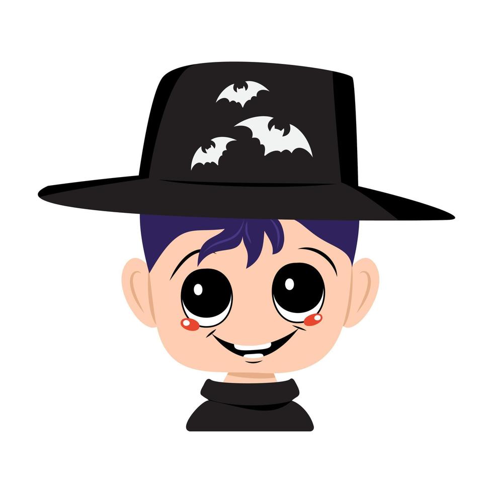 Boy with blue hair, big eyes and a wide happy smile in carnival hat with bats. Head of child with joyful face. Halloween party decoration and costume vector