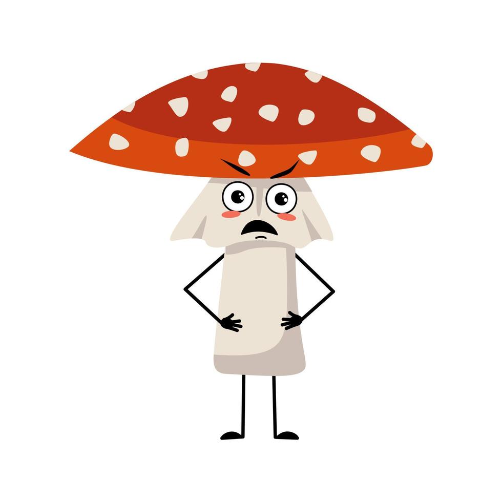 lindo personaje de amanita con emociones enojadas, cara de mal humor, brazos y piernas. Hongo agárico de mosca del bosque con expresión furiosa vector