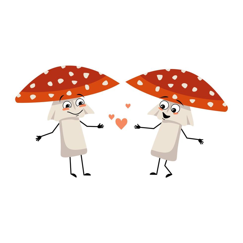 Cute amanita character with love emotions, smile face, arms and legs. Fly Agaric Mushroom from forest with kind expression vector