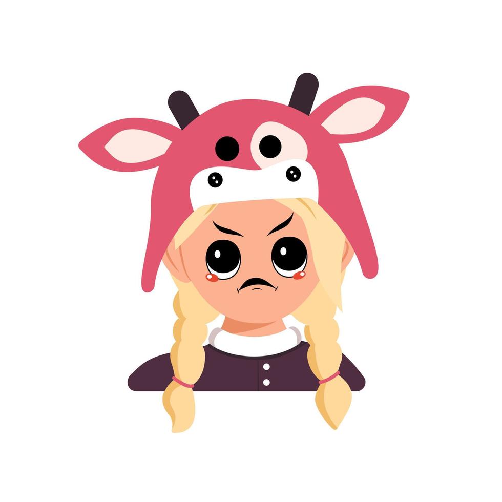 Girl with blonde hair and angry emotions, grumpy face, furious eyes in cow hat. Head of cute child with furious expression in carnival costume for the holiday, Christmas or New year vector