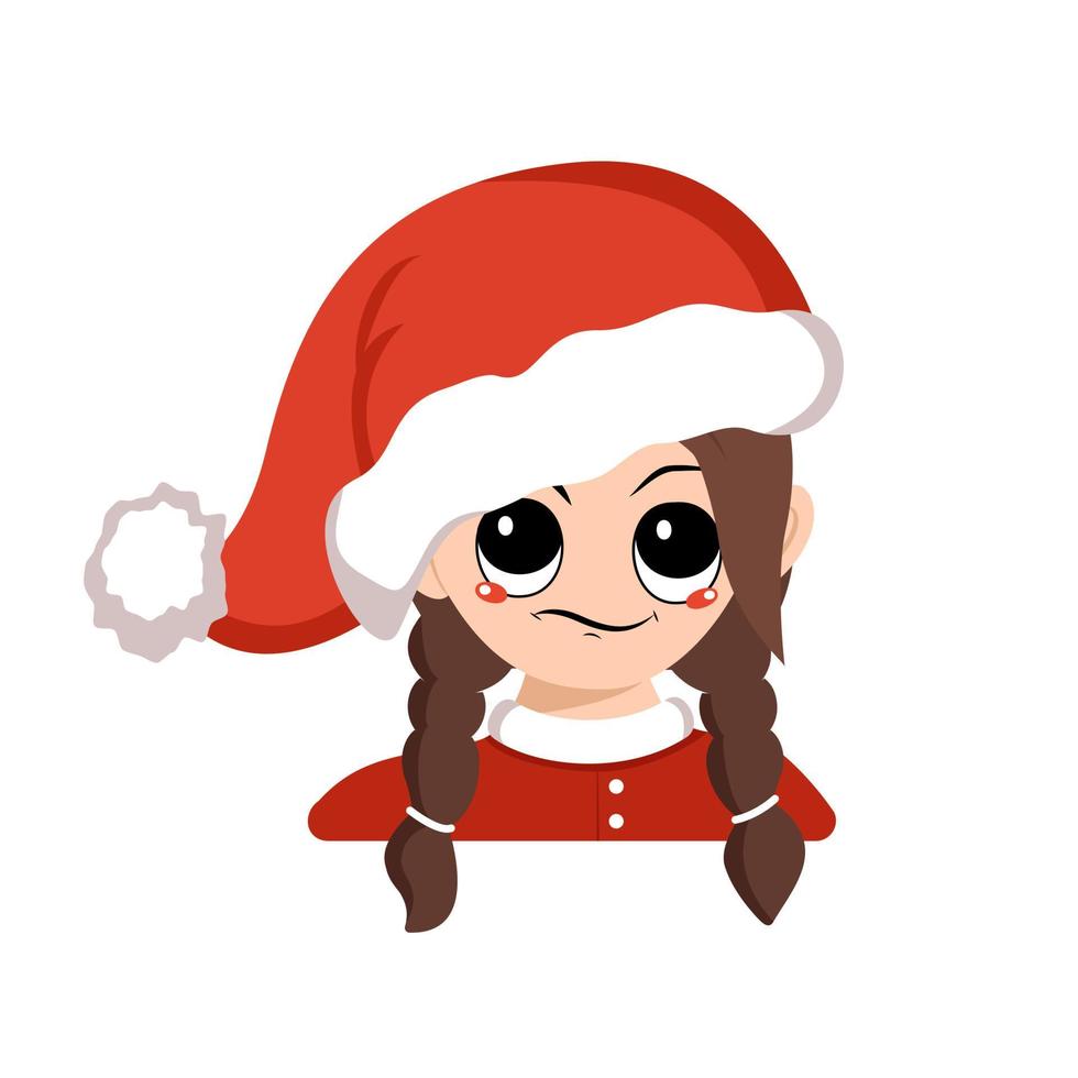 Girl with emotions of suspicious, displeased eyes in red Santa hat. Cute kid with annoyed expression in carnival costume for New Year, Christmas and holiday. Head of adorable child vector