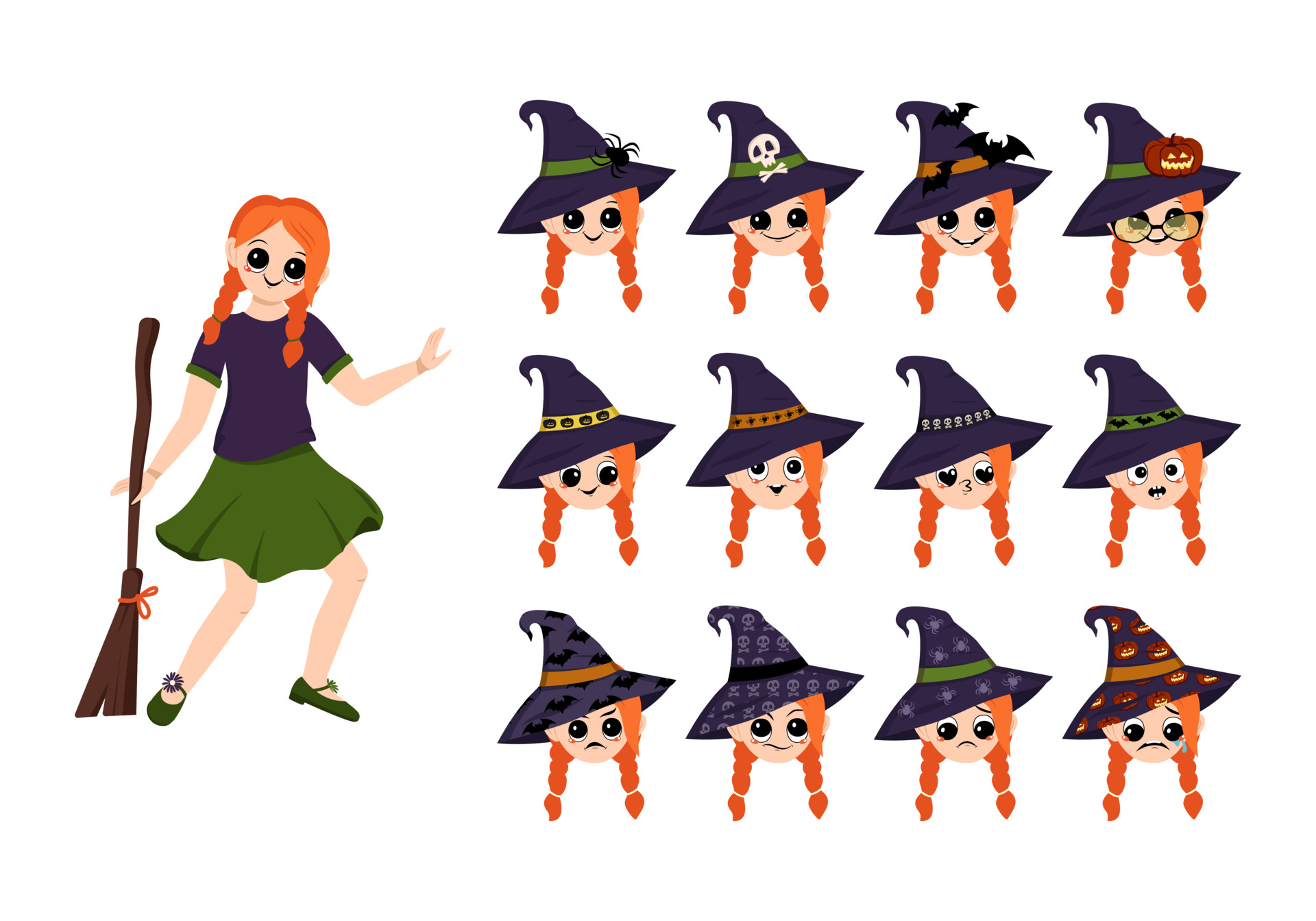 A girl in a witch costume with a hat and a broom for Halloween and a set of faces with emotions. A child with red hair in a fancy dress. Happy, joyful, A girl in a witch costume with a hat and a broom for Halloween and a set of faces with emotions. A child with red hair in a fancy dress. Happy, joyful,