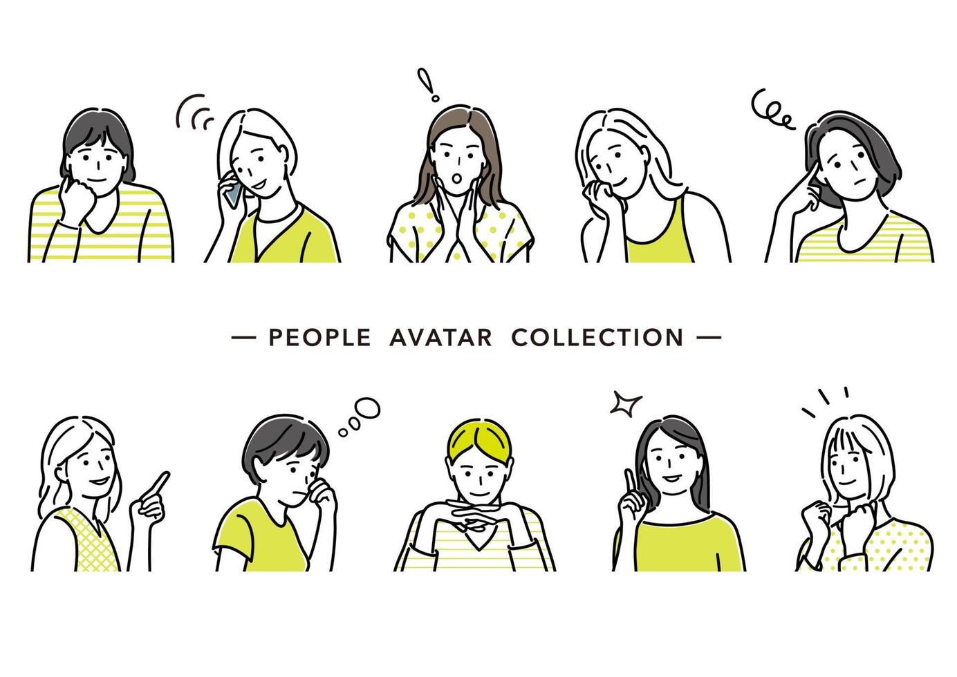 conjunto de avatares femeninos, ilustración vectorial. dibujos de líneas planas simples aislados en un fondo blanco. vector