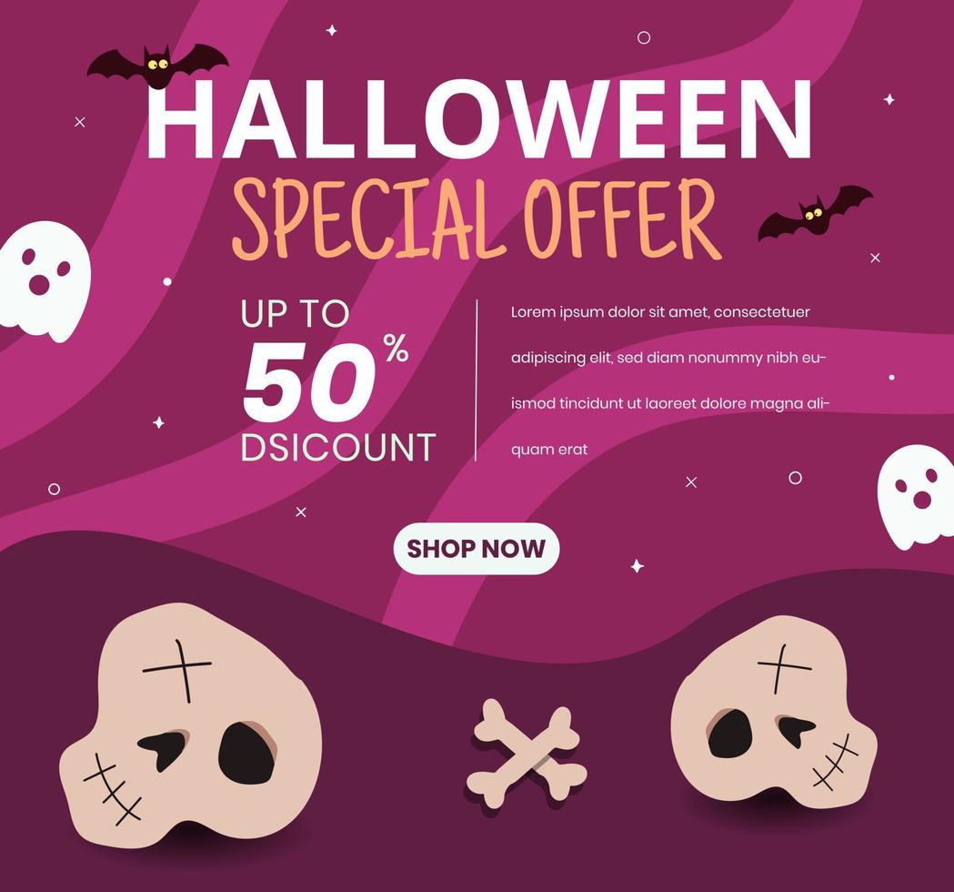 Happy Halloween social media post banner with skull illustration in pink color sky background vector