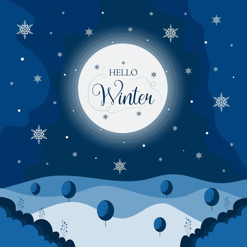 hola invierno con ilustración de color azul noche. publicación de redes sociales o diseño de fondo de banner vector