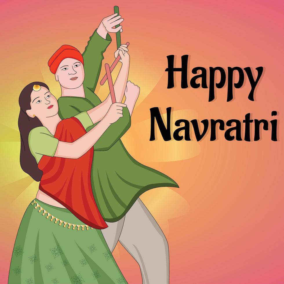 happy navratri - dandia, pareja de garba, ilustración de personaje de dandia, banner de noche de dandia, banner de navratri, no completamente editable. vector