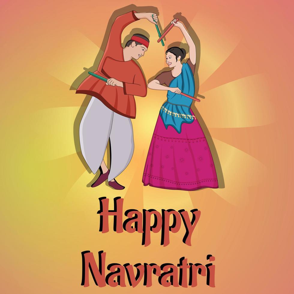 happy navratri - dandia, pareja de garba, ilustración de personaje de dandia, banner de noche de dandia, banner de navratri, no completamente editable. vector