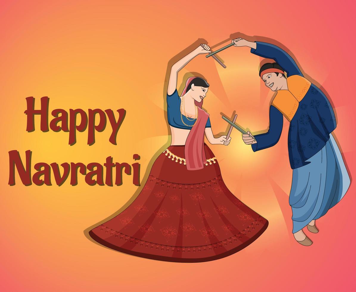 happy navratri - dandia, pareja de garba, ilustración de personaje de dandia, banner de noche de dandia, banner de navratri, no completamente editable. vector