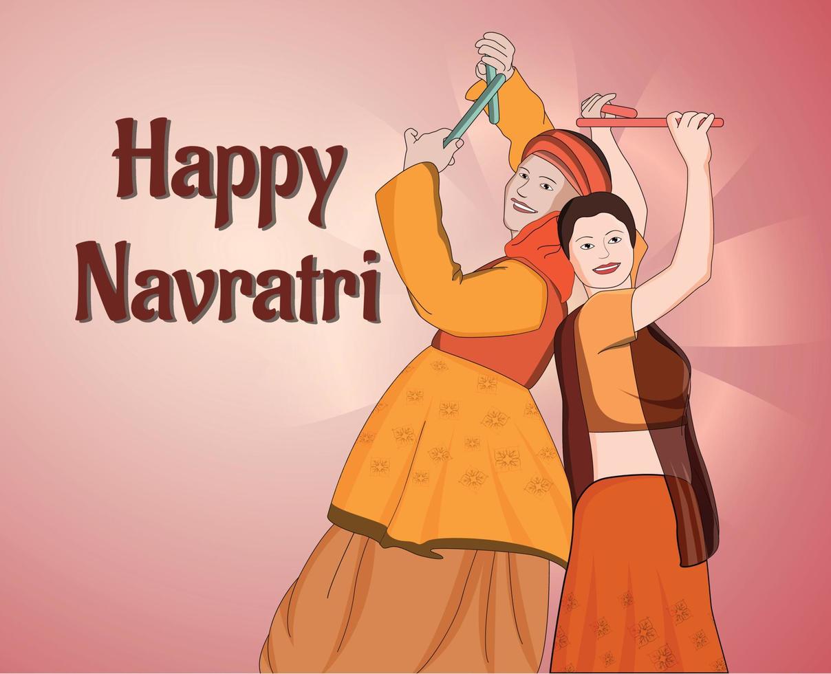 happy navratri - dandia, pareja de garba, ilustración de personaje de dandia, banner de noche de dandia, banner de navratri, no completamente editable. vector