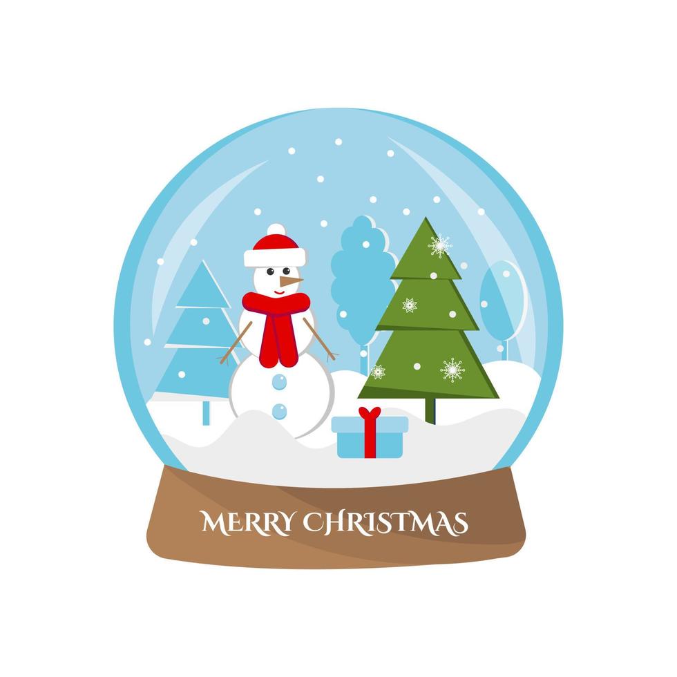 Christmas magic glass snowball with snowman and tree, isolated on white background. Vector illustration