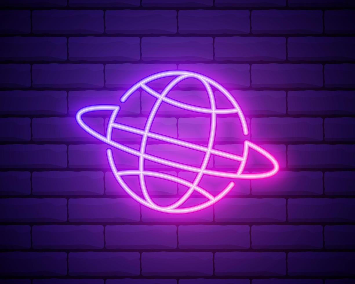 Globe neon sign. Night bright advertisement. Vector illustration in neon style for geography and knowledge.