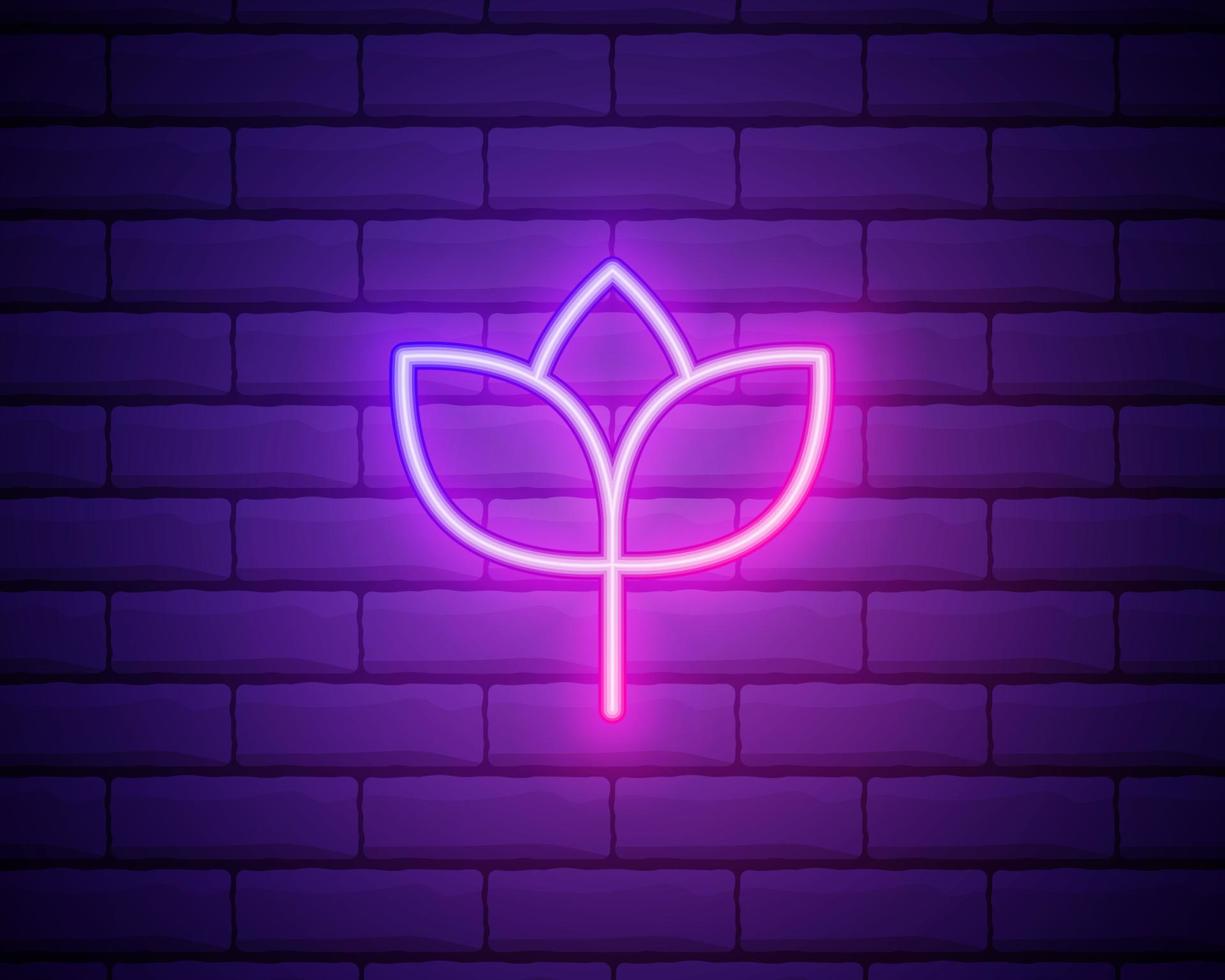 flor rosa brillante neón ui ux icono. vector de logotipo de signo brillante. flor brillante aislado sobre fondo de pared de ladrillo