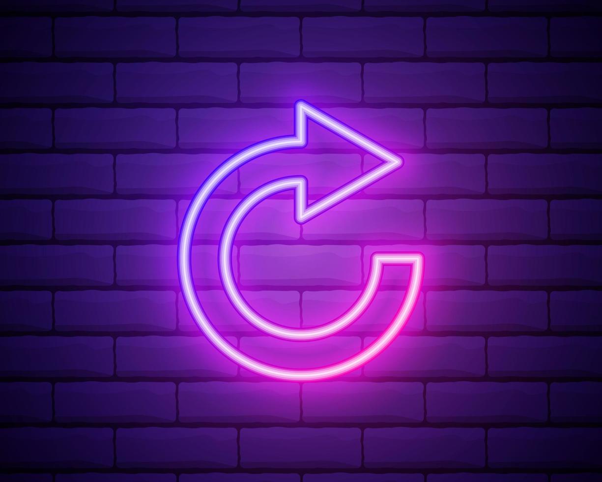 Glowing neon line Refresh icon isolated on brick wall background. Reload symbol. Rotation arrows in a circle sign. Vector Illustration.