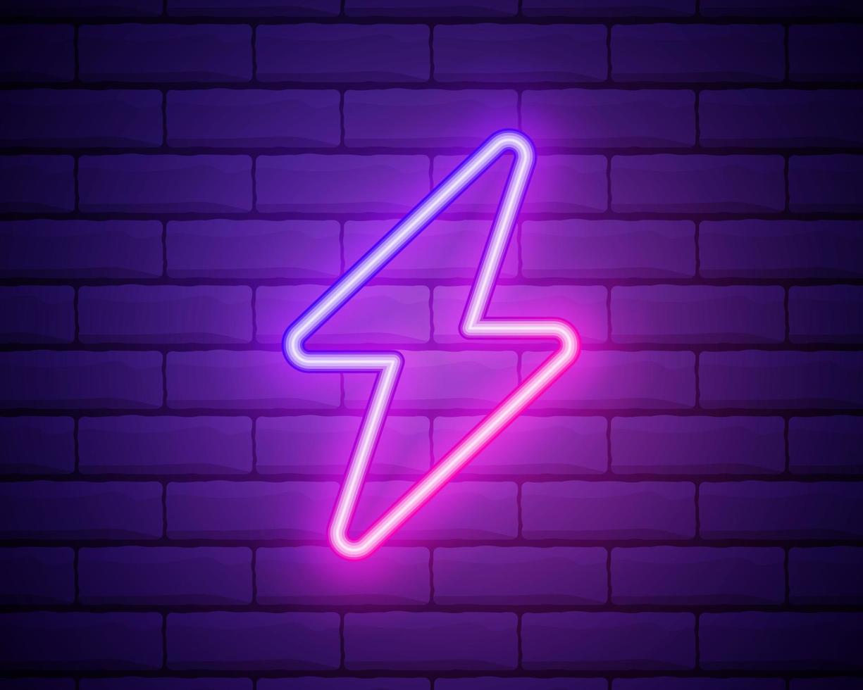 Neon icon of Purple and Violet Electric Energy. Vector illustration of Purple and Violet Neon Electrical Sign consisting of neon outlines, with backlight on the dark brick wall background.