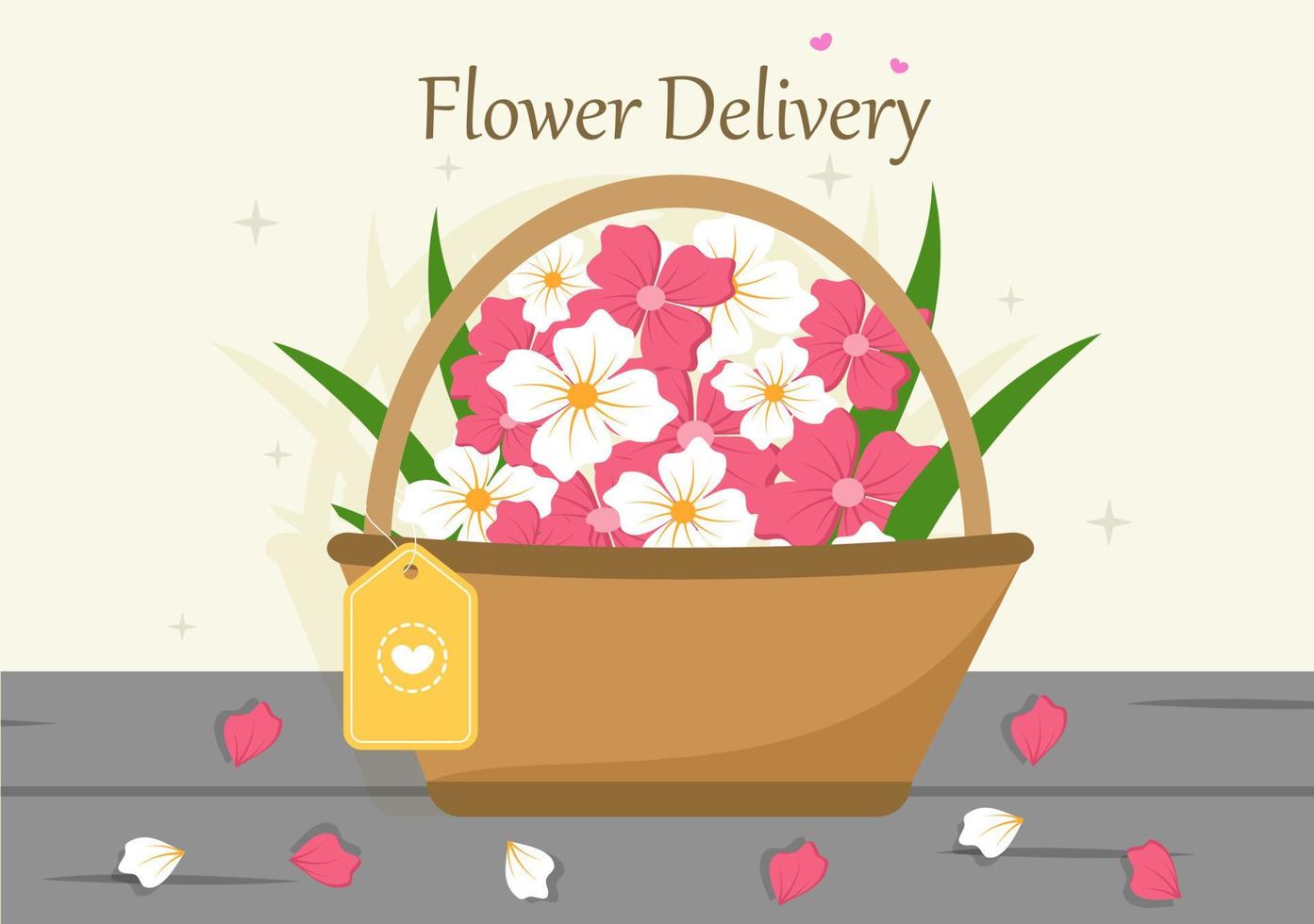 Flower Delivery Service Online Business with Courier Holding a Flowers Order Bouquet Using Trucks, Cars or Motorbikes. Background Vector Illustration