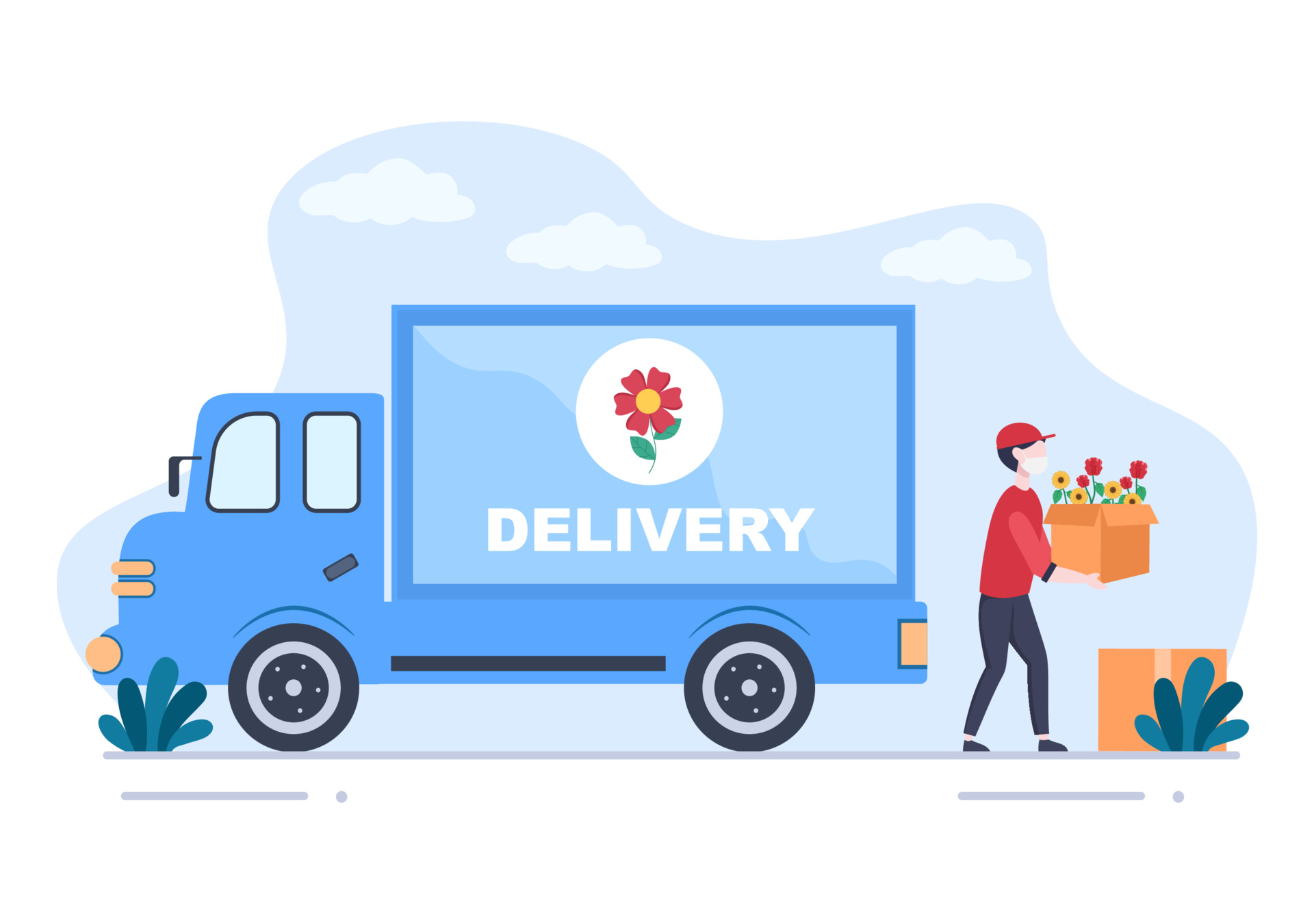 Flower Delivery Service Online Business with Courier Holding a Flowers