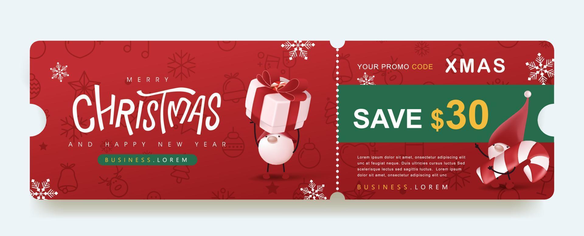 banner de cupón de promoción de regalo de feliz navidad con lindo gnomo y decoración festiva vector