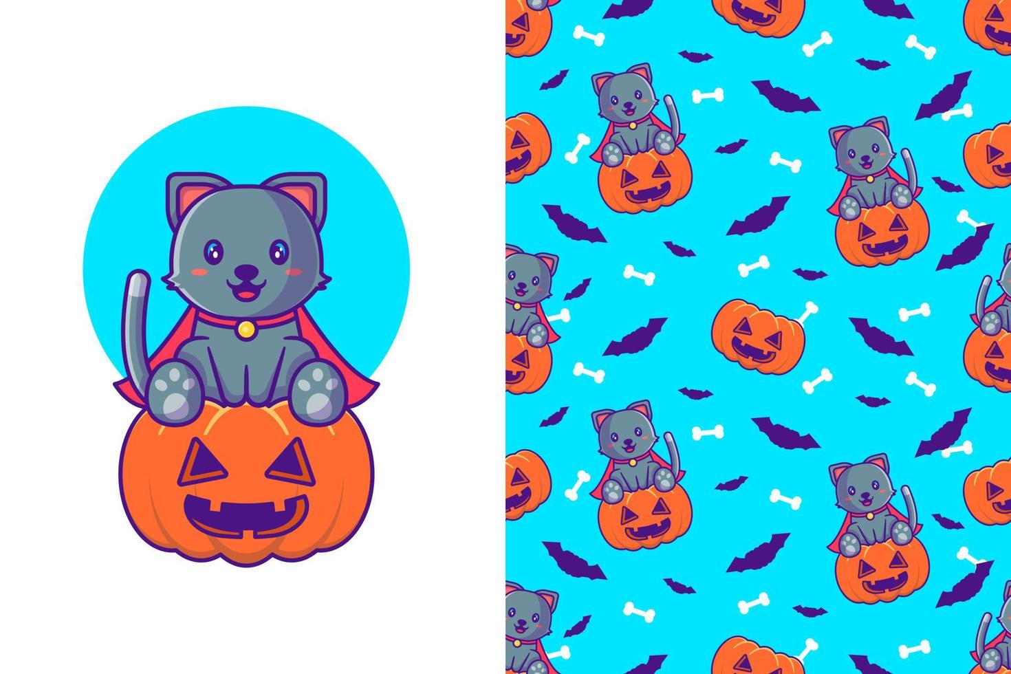 Cute black cat with pumpkin happy halloween with seamless pattern vector