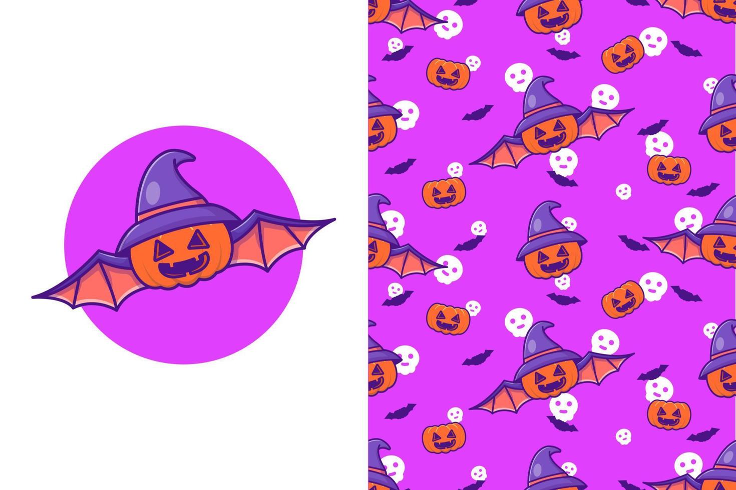 Cute Pumpkin Batwith hat witch happy halloween with seamless pattern vector
