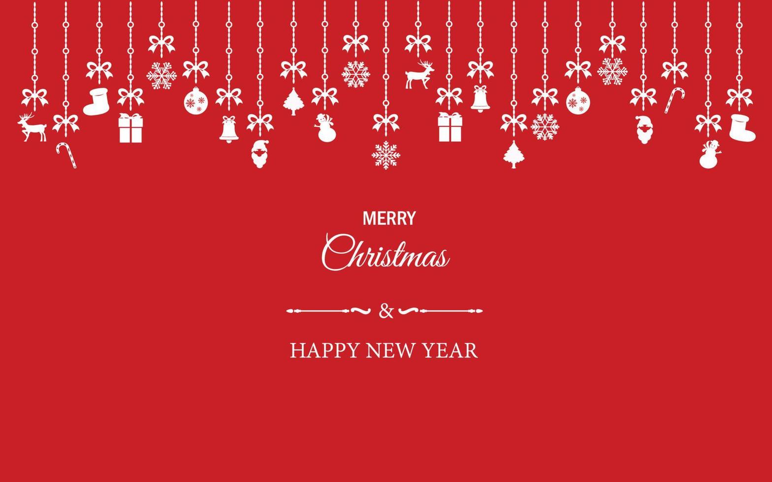 Set of Christmas ornament elements hanging on the red wallpaper background. Vector illustration for Christmas, happy new year and winter season decoration.