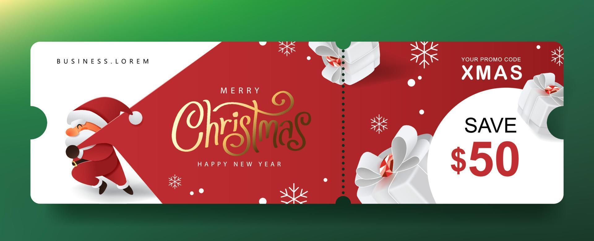 banner de cupón de promoción de regalo de feliz navidad con lindo santa claus y decoración festiva vector