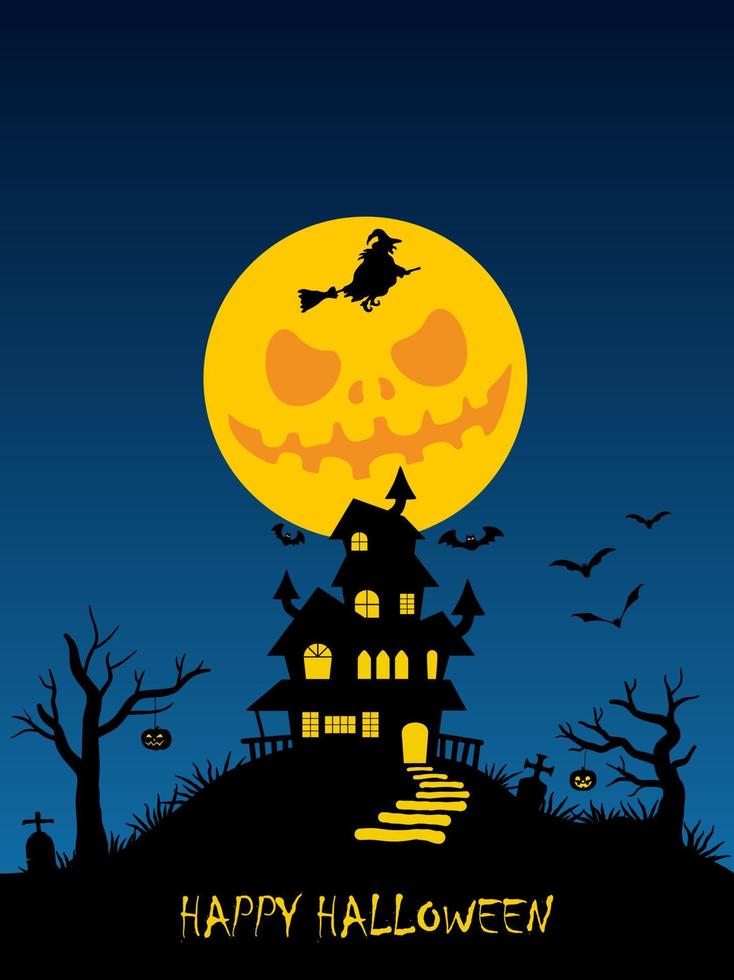 Fondo de halloween de vacaciones. siluetas negras de calabazas, brujas y casa embrujada sobre fondo naranja cielo nocturno. cementerio y árboles rotos. ilustración vectorial eps10 vector