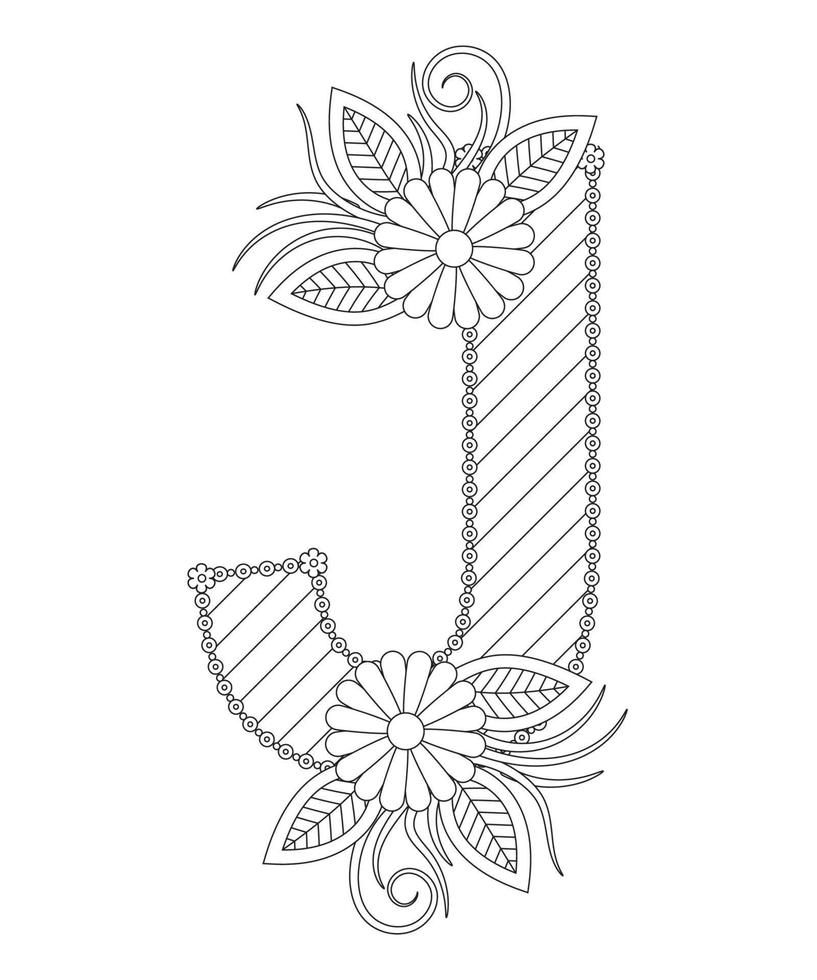 Alphabet coloring page with floral style. ABC coloring page - letter J vector