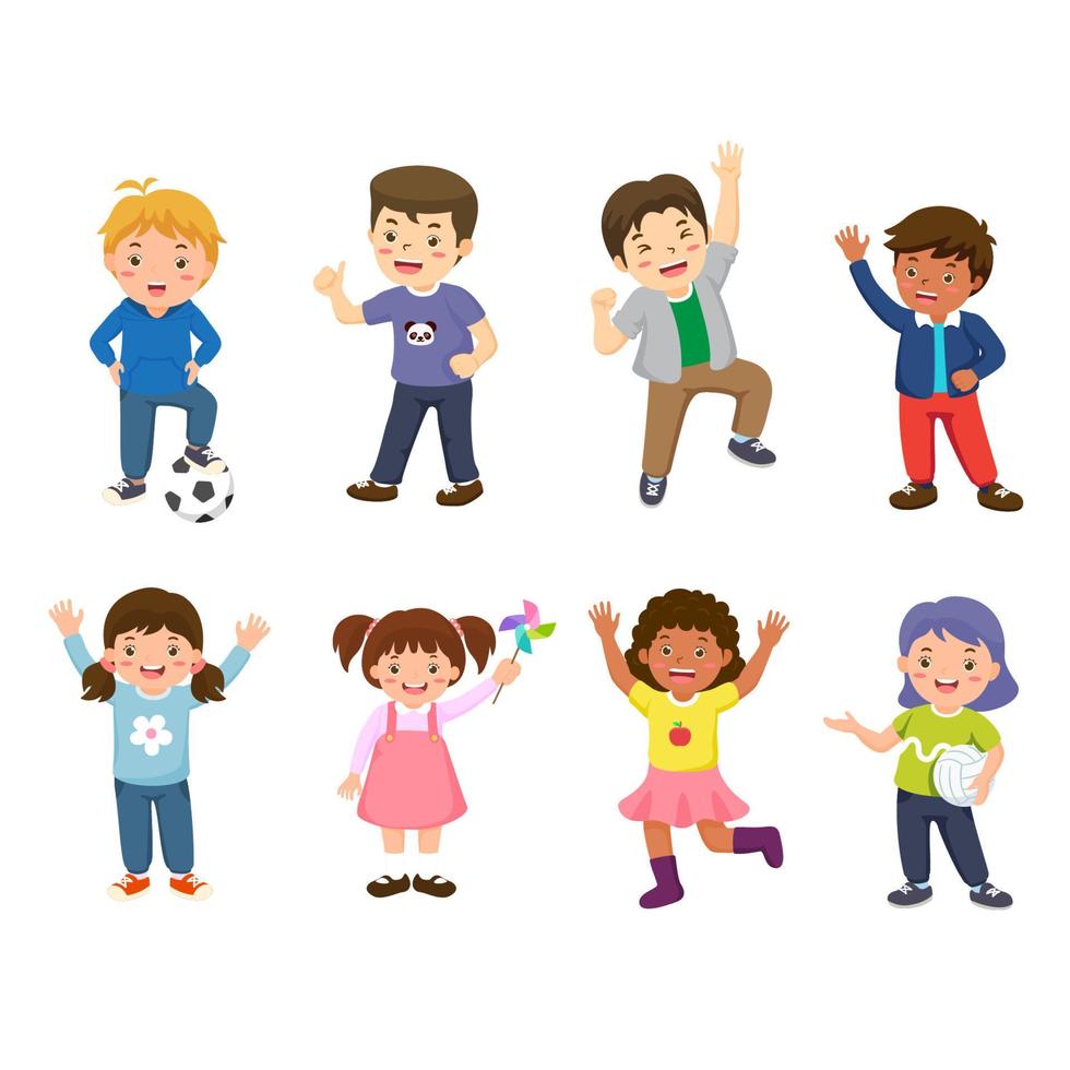 conjunto de niños en edad escolar o niños en carácter de diversidad en acción feliz. ilustración vectorial aislado sobre fondo blanco. vector