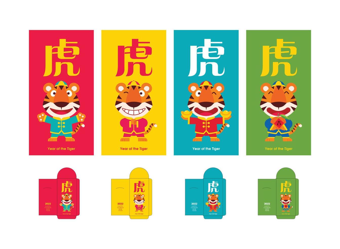 lindo tigre usa saludo de traje tradicional en un colorido conjunto de sobres de dinero de año nuevo chino. Conjunto de plantillas de paquete rojo 2022 vector