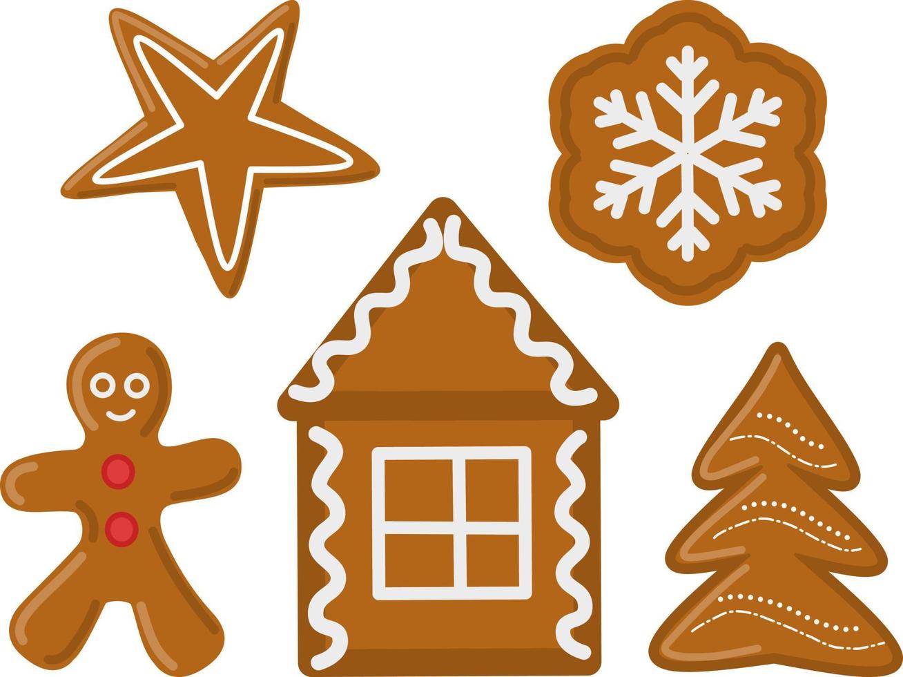 Christmas vector gingerbread holiday cookies with sugar frosting collection. Holiday decoration elements christmas tree, snowflake, star.