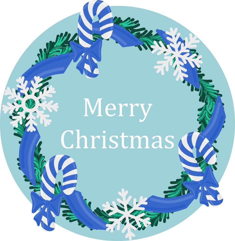 Marco de corona redonda de vacaciones de Navidad con bastón de caramelo azul y copos de nieve. cartel de promoción de vacaciones o tarjeta de felicitación. vector