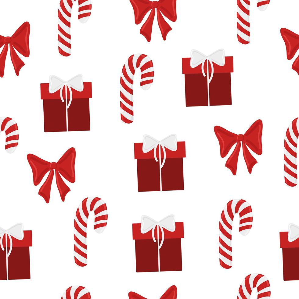 Christmas holiday vector seamless pattern red color. Holiday background with gift box, red bow and candy cane.