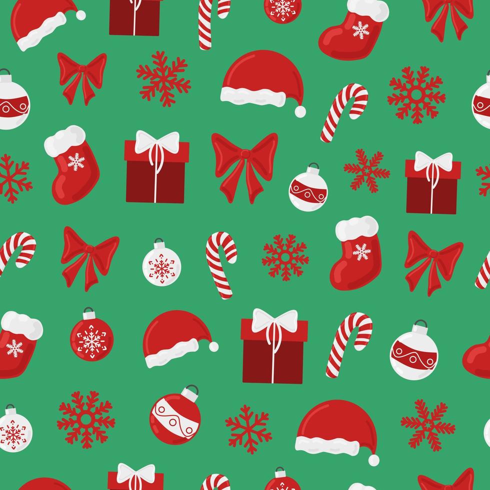 Christmas holiday vector seamless pattern colorful background. Santa, candy cane, snowflakes ornament. For printing on textile, wrapping paper, scrapbook.
